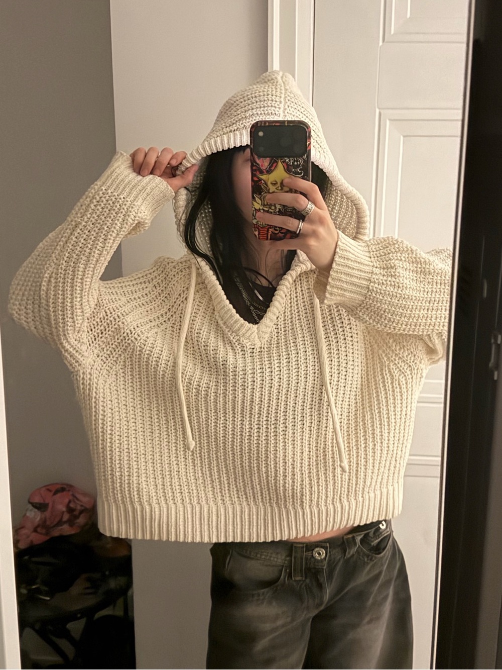 aerie Cream Chunky Knit V-Neck Hoodie Sweater
